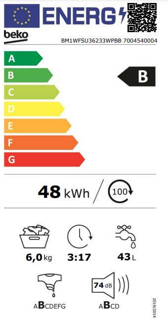 Beko BM1WFSU36223WPBB elöltöltős mosógép, inverter motor, gőz, 60x44.6x84.5 cm