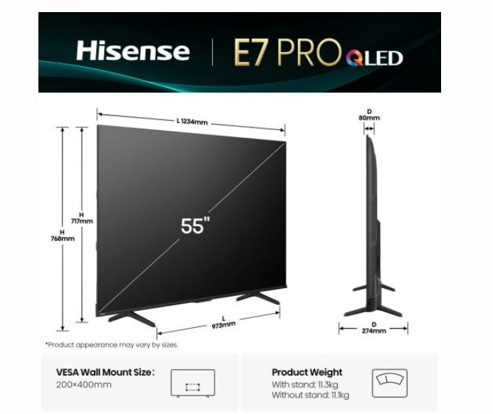 Hisense 55E7Q PRO 4K UHD Smart QLED TV, 55", 139.7 cm 