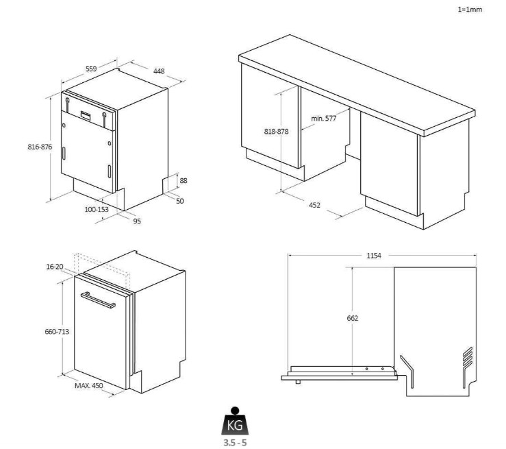 Candy CI1C7SB1FA1 teljesen beépíthető mosogatógép, 11 teríték, inverter motor, 3 kosár, Wifi, automatikus ajtónyitás, 44.8x55.9x81.6 cm