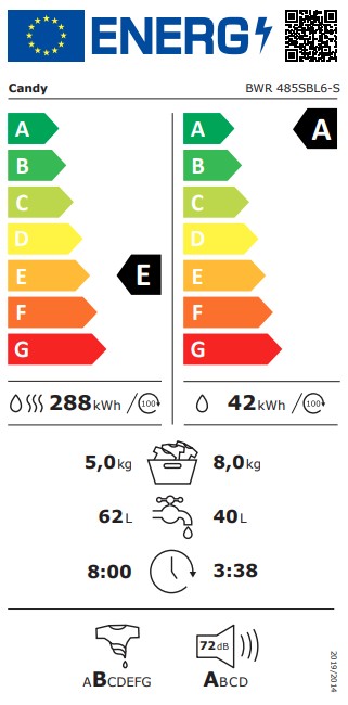 Candy BWR 485SBL6-S mosó-szárítógép, 8/5 kg, inverter motor, Wifi, gőz, 59.5x52.2x85 cm