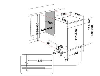 Whirlpool WH7PA15AM60 beépíthető kezelőpaneles mosogatógép, 15 teríték, automatikus ajtónyitás, 59.8x55.5x82 cm, inox szín 