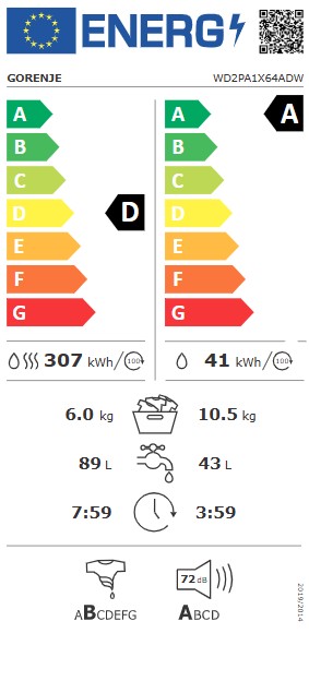 Gorenje WD2PA1X64ADW mosó-szárítógép, 10.5/6 kg, inverter motor, Wifi, gőz, 59.5x59x84.5 cm 