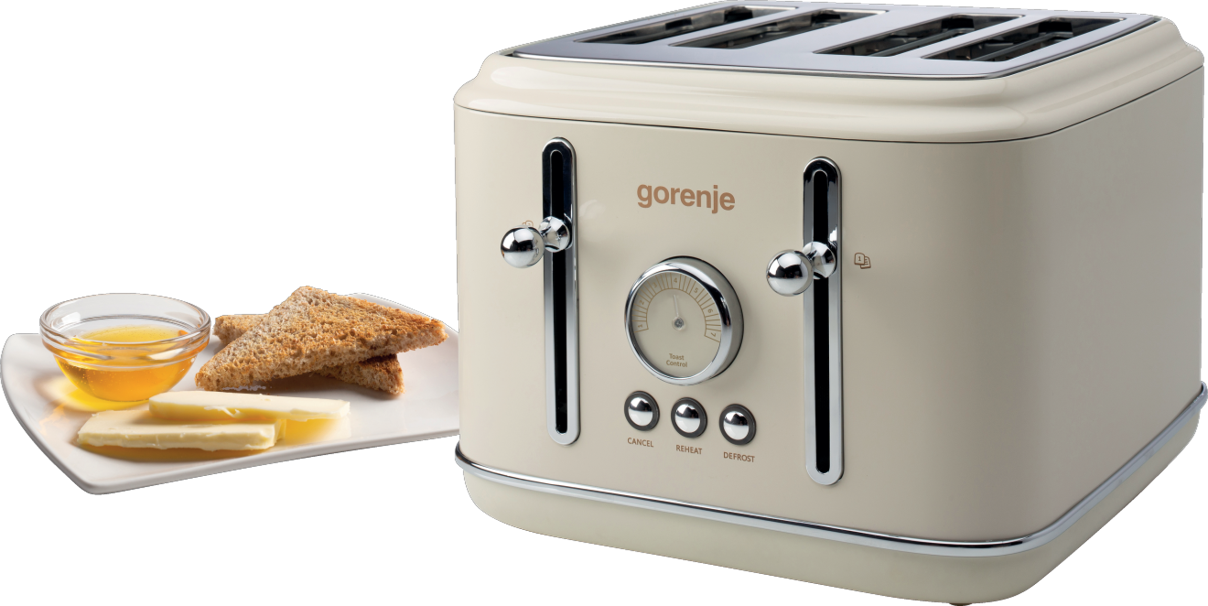 Gorenje T2300CLIN elefántcsont színű retro 4 szeletes kenyérpirító kiolvasztás, melegítő funkcióval