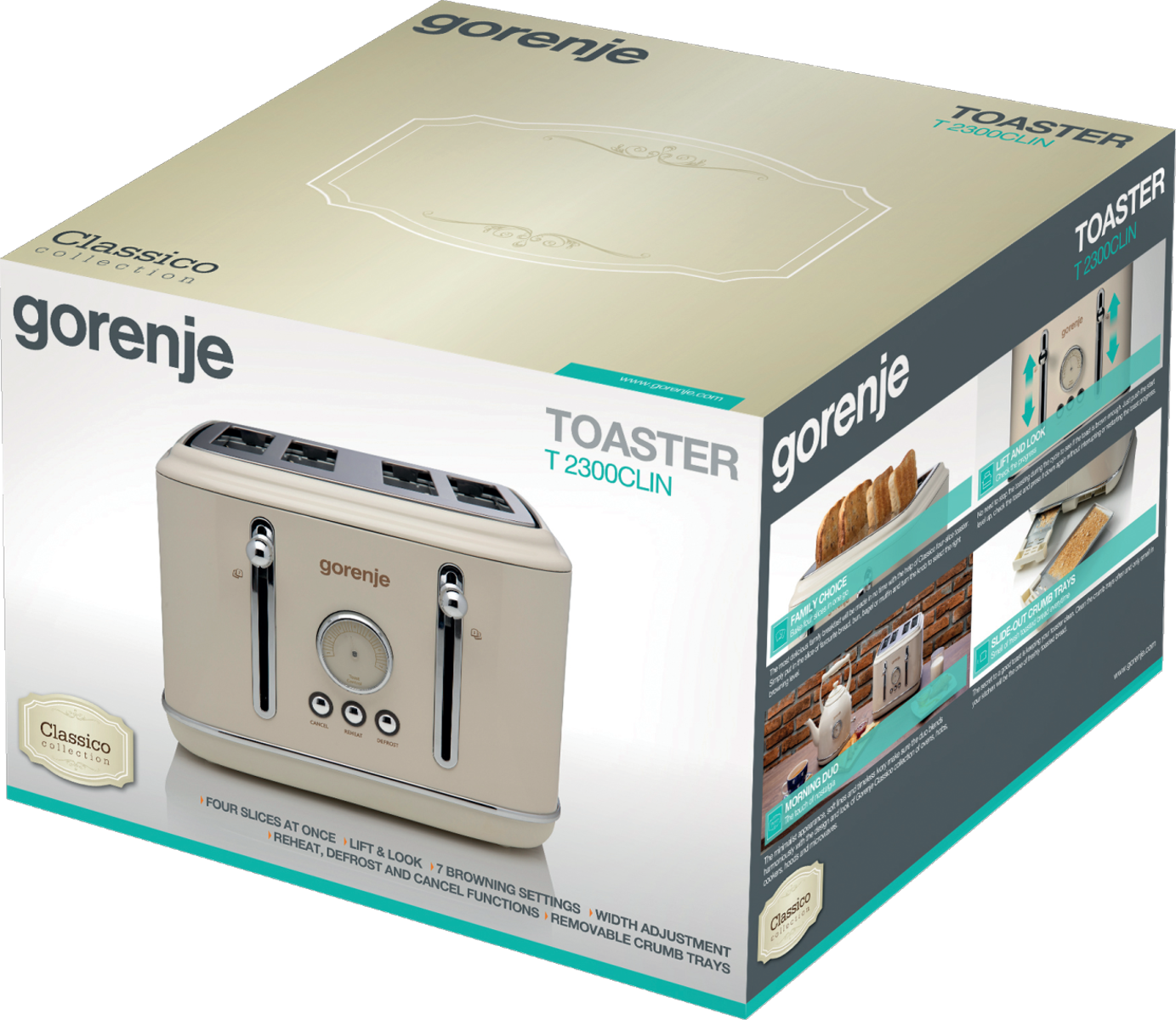 Gorenje T2300CLIN elefántcsont színű retro 4 szeletes kenyérpirító kiolvasztás, melegítő funkcióval