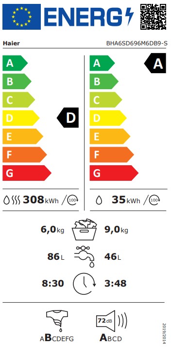 Haier BHA6SD696M6DB9-S beépíthető mosó-szárítógép, 9/6 kg, Wifi, gőz, inverter motor, 60x52.5x82 cm 
