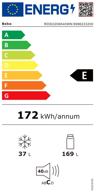 Beko RDSO206K40WN felülfagyasztós kombinált hűtőszekrény, 169/37L, 54.5x55.5x143 cm