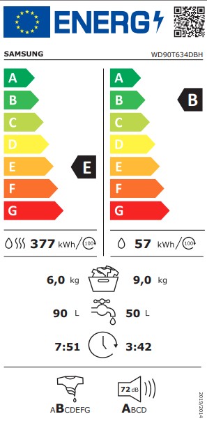 Samsung WD90T634DBH/S6 mosó-szárítógép, 9/6kg, inverter motor, Wifi, gőz, 60x65x85 cm
