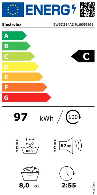 Electrolux EW6D384AE hőszivattyús szárítógép, 8 kg, inverter motor, 59.6x63.8x85 cm