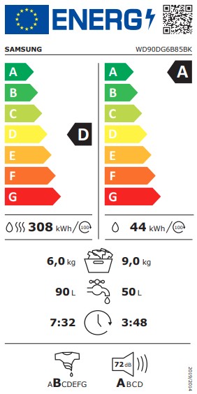 Samsung WD90DG6B85BKU4 mosó-szárítógép, 9/6kg, Wifi, gőz, inverter motor, 60x60x85 cm