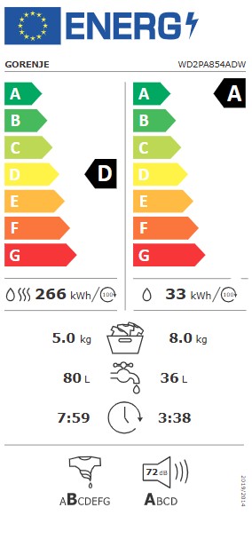 Gorenje WD2PA854ADW mosó-szárítógép, 8/5 kg, inverter motor, Wifi, gőz, 59.5x51x84.5 cm 