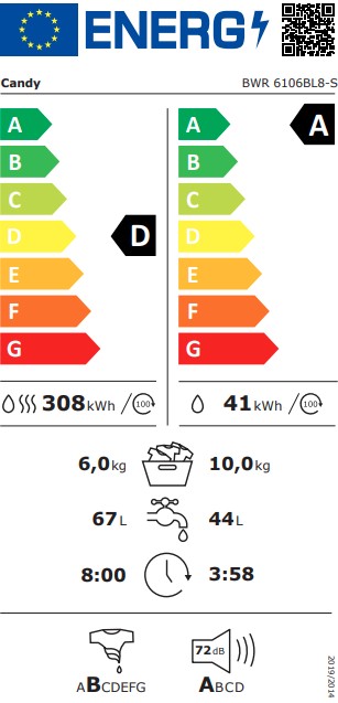 Candy BWR 6106BL8-S mosó-szárítógép, 10/6 kg, Wifi, gőz, inverter motor, 59.5x61.3x85 cm