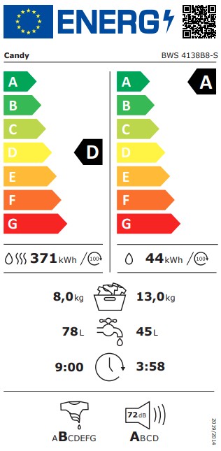 Candy BWS 4138B8-S mosó-szárítógép, 13/8 kg, inverter motor, Wifi, gőz, 59.5x68.1x85 cm 