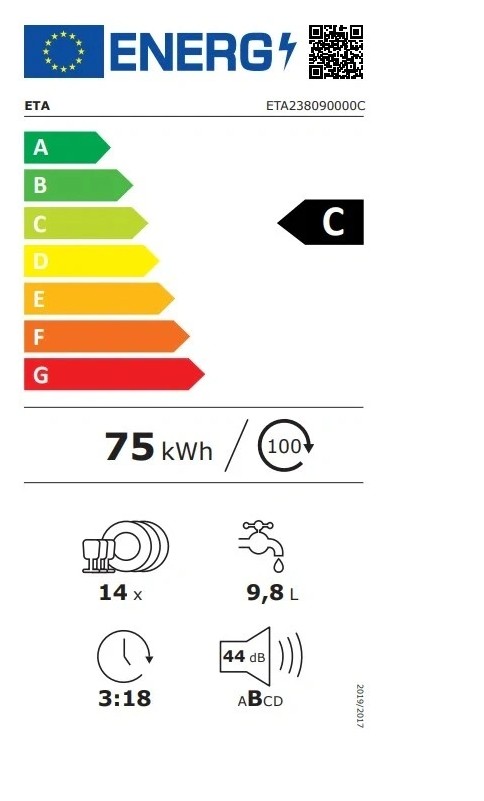 Eta 238090000C mosogatógép, 14 teríték, inverter motor, 3 kosár, automatikus ajtónyitás, 59.8x61x84.5 cm 