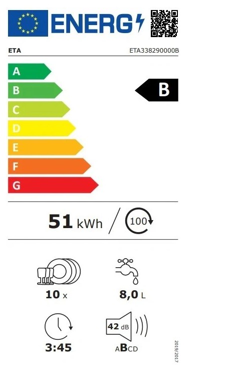 Eta 338290000B mosogatógép, 10 teriték, automatikus ajtónyitás, 3 kosár, 44.8x60x84.5 cm