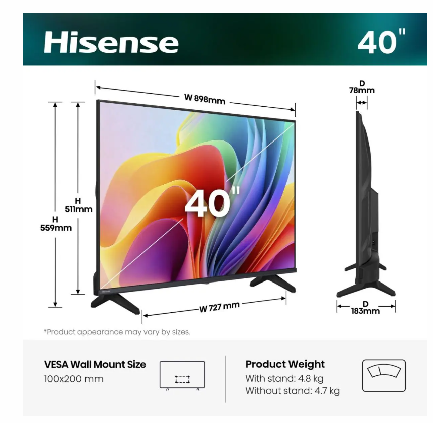 Hisense 40A4S 40", 101.6 cm FHD Smart LED TV 