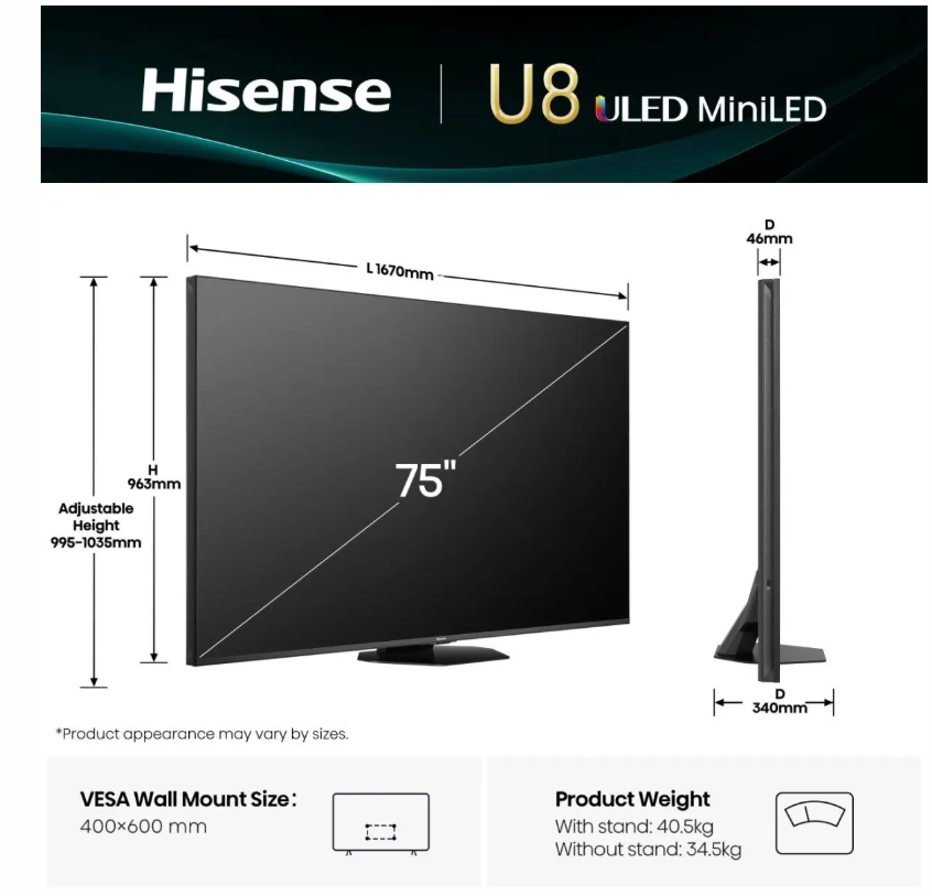 Hisense 75U8Q 4K UHD Smart MiniLED ULED TV, 75*, 190.5 cm