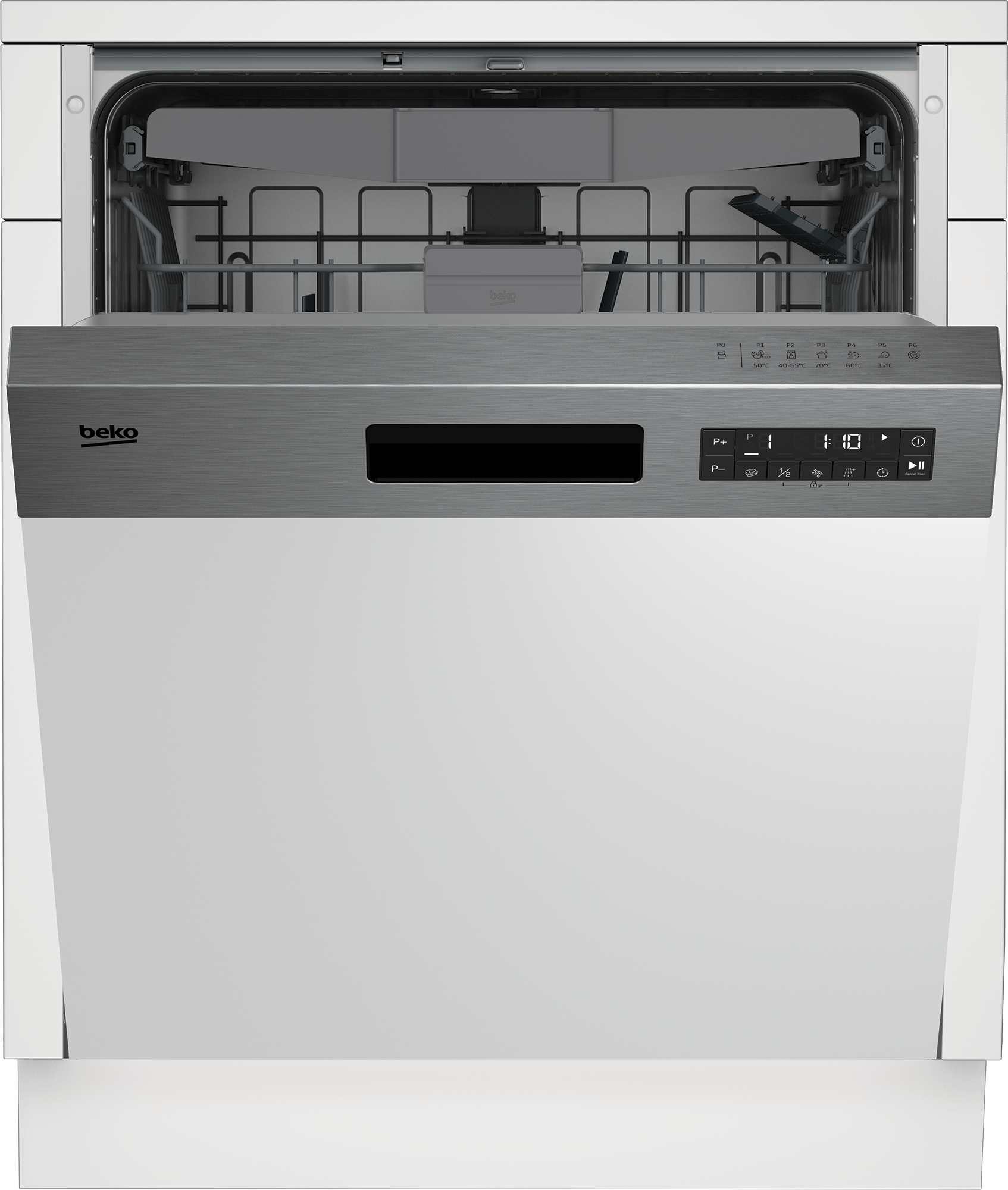 Beko BDSN28530X kezelőpaneles beépíhető mosogatógép, 15 teríték, automatikus ajtónyitás, 3 kosár,59.8x57x81.8 cm, ujjlenyomatmentes inox szín 