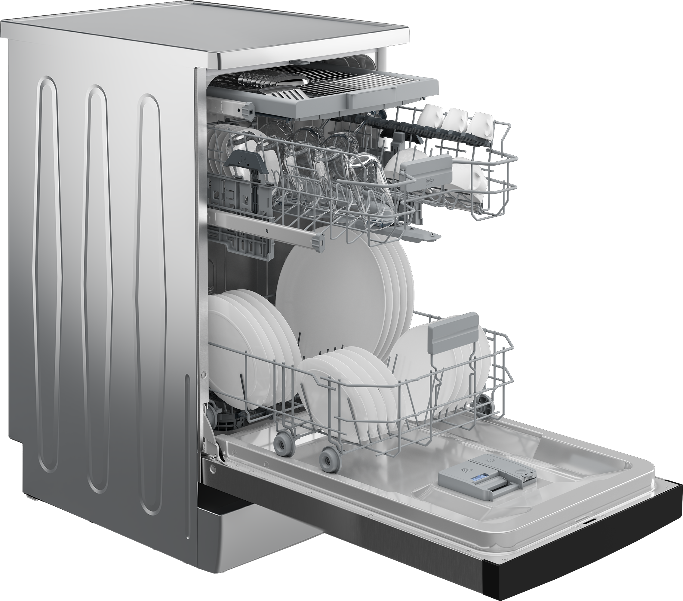 Beko BDFS26046XQ mosogatógép, 10 teríték, 3 kosár, automatikus ajtónyitás, 44.8x60x85 cm, acélszürke szín 