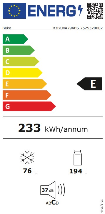 Beko B3BCNA294HS No Frost beépíthető alulfagyasztós kombinált hűtőszekrény, 194/76L, 54x55x177.5 cm