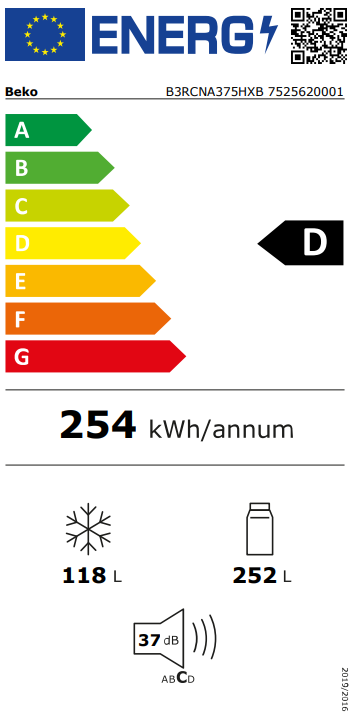 Beko B3RCNA375HXB  No Frost alulfagyasztós kombinált hűtőszekrény, 252/118L, 59.5x67.3x186.5 cm, csiszolt ezüst szín 