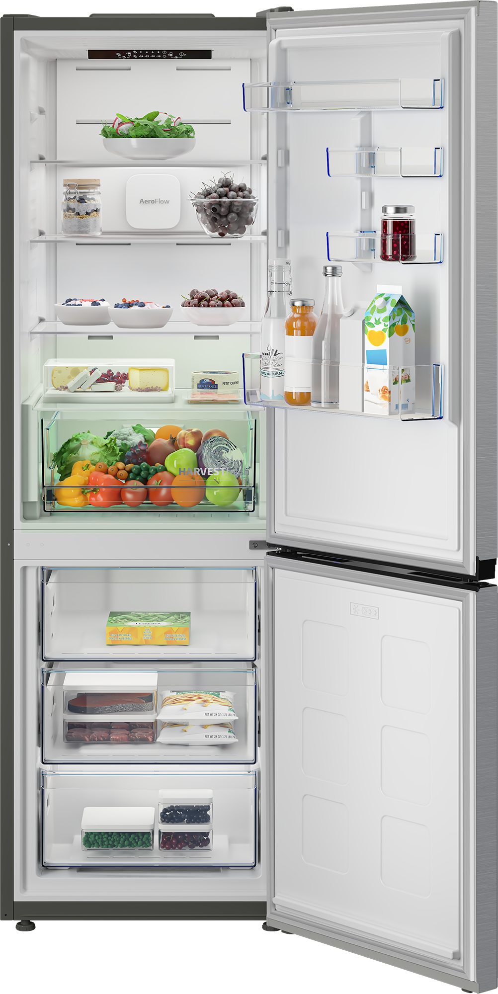 Beko B3RCNA375HXB  No Frost alulfagyasztós kombinált hűtőszekrény, 252/118L, 59.5x67.3x186.5 cm, csiszolt ezüst szín 