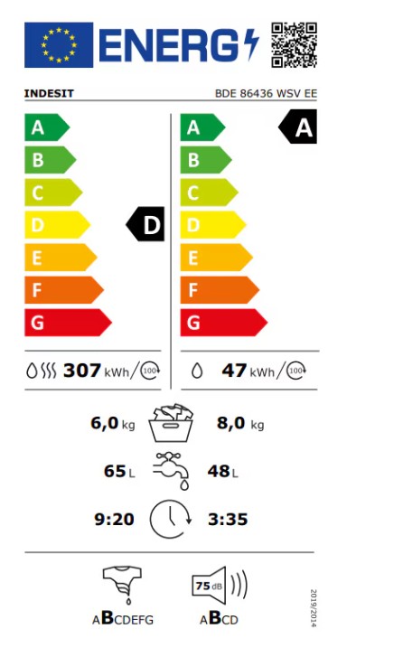 Indesit BDE 86436 WSV EE mosó-szárítógép, 8/6 kg, inverter motor, gőz, 59.5x54x85 cm 