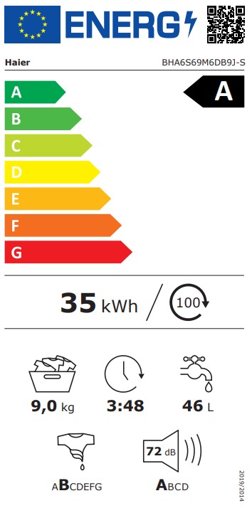 Haier BHA6S69M6DB9J-S beépíthető elöltöltős mosógép, 9 kg, inverter motor, Wifi, gőz, 60x52.5x82 cm