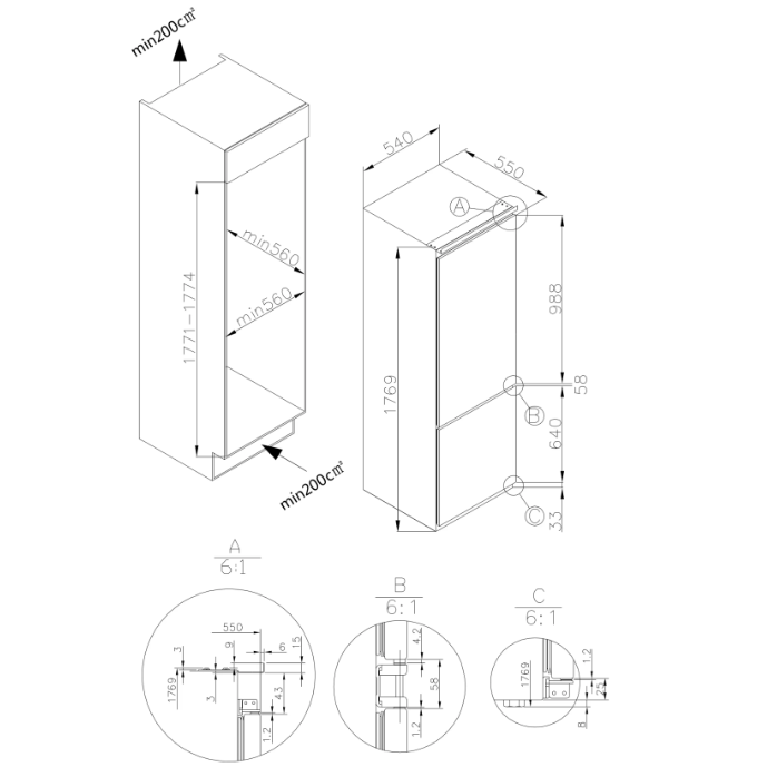 Amica BK3265.4UiAA beépíthető kombinált alulfagyasztós hűtőszekrény, inverter motor, 195/75L, 54x55x176.9 cm 