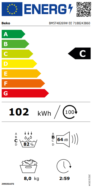 Beko BM5T48269WEE hőszivattyús szárítógép, 8 kg, Wifi, 59.8x60.7x84.6 cm