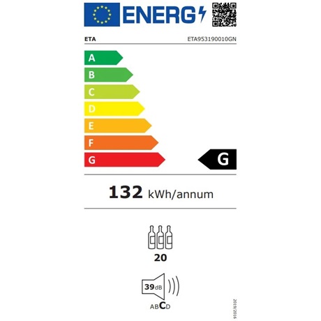 Eta 953190010GN kompresszoros borhűtő, 20 palackos kapacitás, állítható hőmérséklet-tartomány: 5-18 °C, fekete színű rozsdamentes acél ezüst kerettel, 53L, 43x45x64 cm 