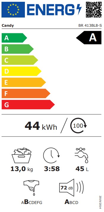 Candy BR 413BL8-S elöltöltős mosógép, 13 kg, inverter motor, 59.5x68.1x85 cm 