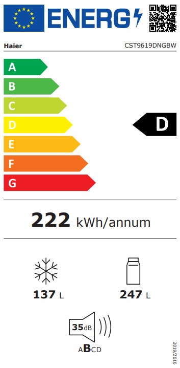 Haier CST9619DNGBW Full No Frost beépíthető alulfagyasztós kombinált hűtőszekrény, 247/137L, Wifi, 59.5x60x190.6 cm, fekete szín