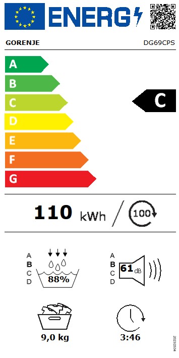 Gorenje DG69CPS hőszivattyús szárítógép, 9 kg, Wifi, gőz, inverter motor, 60x62.5x85 cm