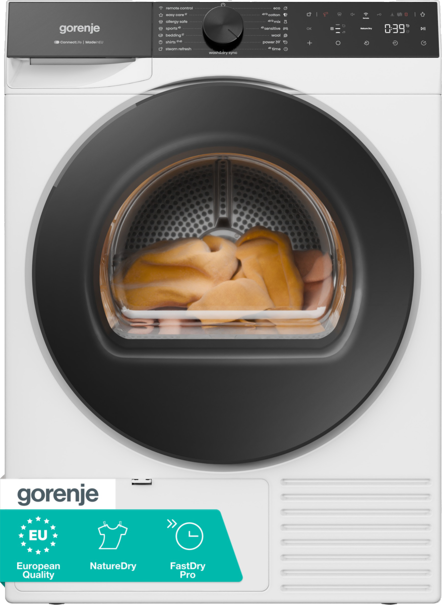 Gorenje DG69CPS hőszivattyús szárítógép, 9 kg, Wifi, gőz, inverter motor, 60x62.5x85 cm
