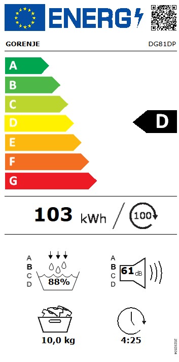Gorenje DG81DP hőszivattyús szárítógép, 10 kg, Wifi, inverter motor, 60x62.5x85 cm