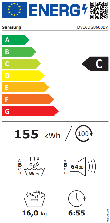Samsung DV16DG8600BVU4 hőszivattyús szárítógép, 16 kg, inverter motor, 68.6x84.4x98.4 cm, fekete szín 