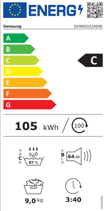 Samsung DV90DG52A0ABLE hőszivattyús szárítógép, 9 kg, Wifi, inverter motor, 60x65x85 cm, fekete szín 