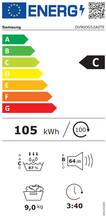 Samsung DV90DG52A0TELE hőszivattyús szárítógép, 9 kg, Wifi, inverter motor, 60x65x85 cm