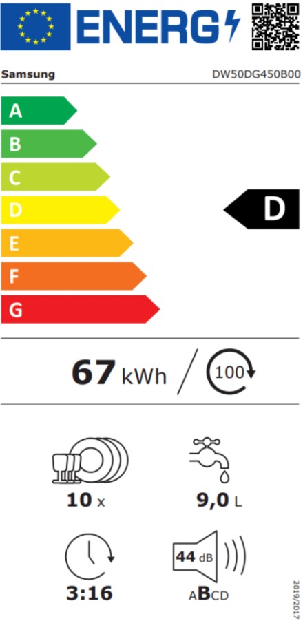 Samsung DW50DG450B00LE teljesen beépíthető mosogatógép, 10 teríték, 3 kosár, automatikus ajtónyitás, 45x55x82 cm