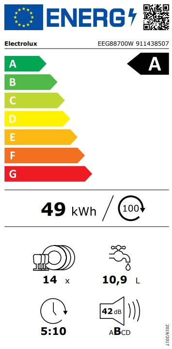 Electrolux EEG88700W teljesen beépíthető mosogatógép, 14 teríték, 3 kosár, automatikus ajtónyitás, inverter motor, 59.6x56x81.8 cm