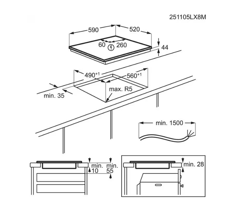 Electrolux EIV63443CT beépíthető indukciós kerámialap, Bridge összekapcsolható főzőzóna, 59x52x4.4 cm, matt fekete szín 