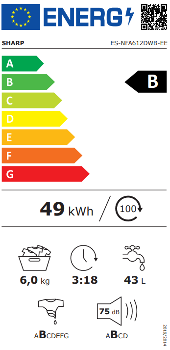 Sharp ES-NFA612DWB-EE elöltöltős mosógép, 6 kg, inverter motor, 60x42x85 cm