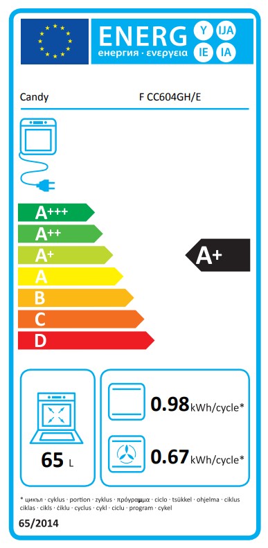 Candy F CC604GH/E beépíthető sütő, 65L, 59.5x56.8x59.5 cm, fekete szín 