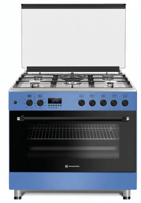 Novacook F9S50E6 kombinált tűzhely, 110L, 4 normál  + 1 wok égőfej, 90x60x87 cm, égszínkék szín