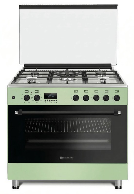 Novacook F9S50E6 kombinált tűzhely, 110L, 4 normál  + 1 wok égőfej, 90x60x87 cm, pasztel pisztácia zöld szín 