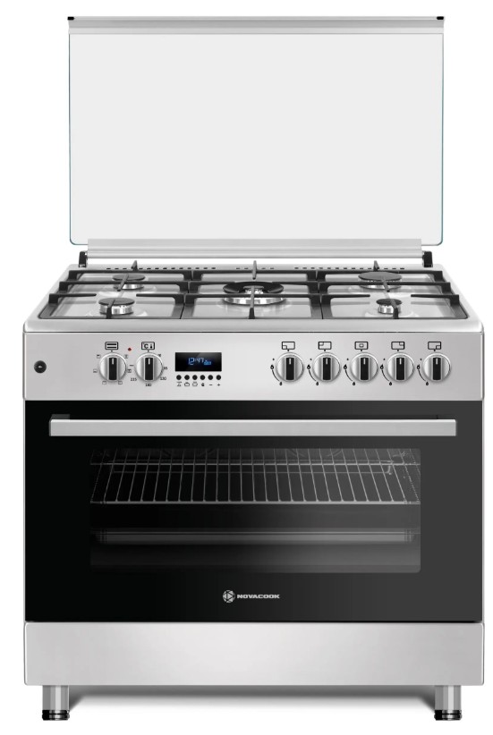 Novacook F9S50E6 HI 90 cm inox kombinált tűzhely 4 normál  + 1 WOK égőfej 90x60x87 cm