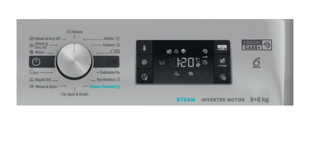Whirlpool FFWDB964489SBSVEE mosó-szárítógép, 9/6 kg, gőz, inverter motor, 59.5x54x85 cm, ezüst szín