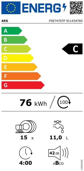 AEG FSE74707P teljesen beépíthető mosogatógép, 15 teríték, inverter motor, 3 kosár, 59.6x55x81.8 cm