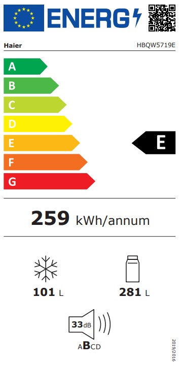 Haier HBQW5719E Total No Frost beépíthető alulfagyasztós kombinált hűtőszekrény, 281/101L, Wifi, 69x55x193.5 cm