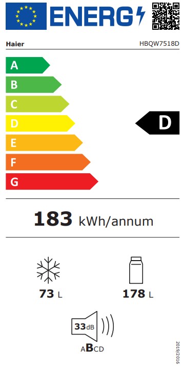Haier HBQW7518D No Frost beépíthető alulfagyasztós kombinált hűtőszekrény, 178/73L, Wifi, 54x55x177.3 cm